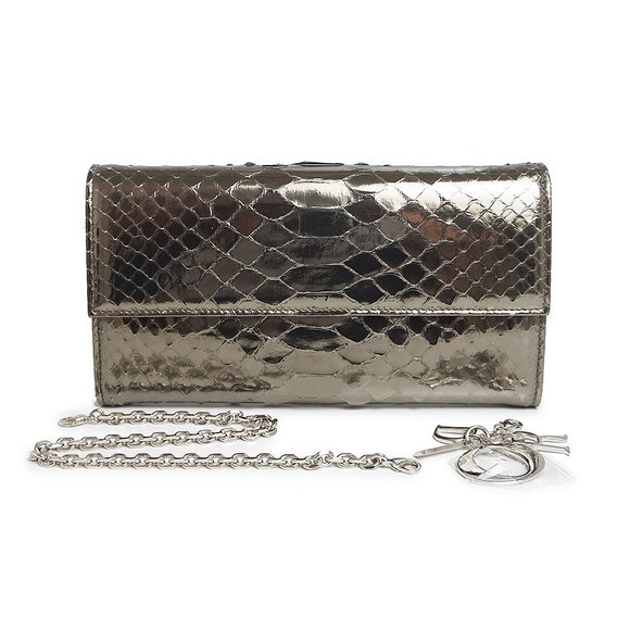 Dior Chain Silver Wallet Metallic Christian  Python - Picture 1 of 11